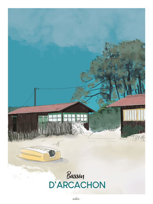 Les cabanes du Mimbeau et leur barque échouée, Cap Ferret. Illustration originale Sookoa, tirage haute qualité