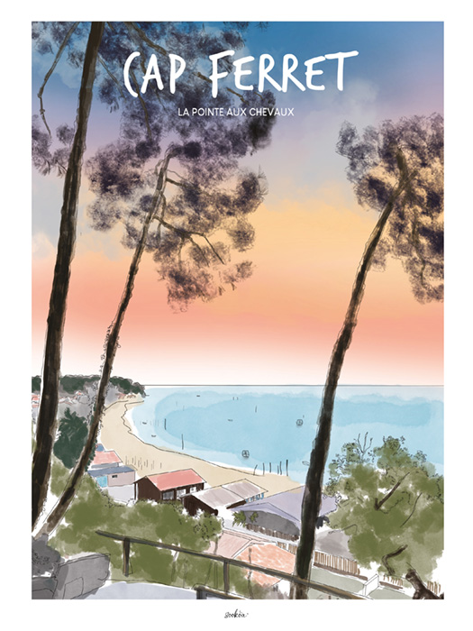 Affiches Cap Ferret 5 La pointe aux chevaux cap ferret, deux pins penchés encadrant une plage et des cabanes, ciel rose au-dessus de l'eau