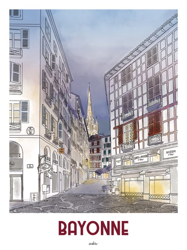 Affiche de Bayonne vue sur rues du centre ville