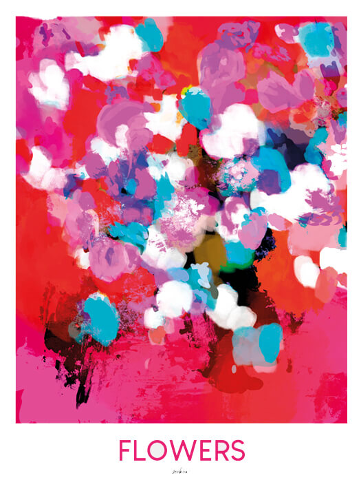 Affiche de fleurs rouges abstraites, art floral contemporain aux touches turquoise