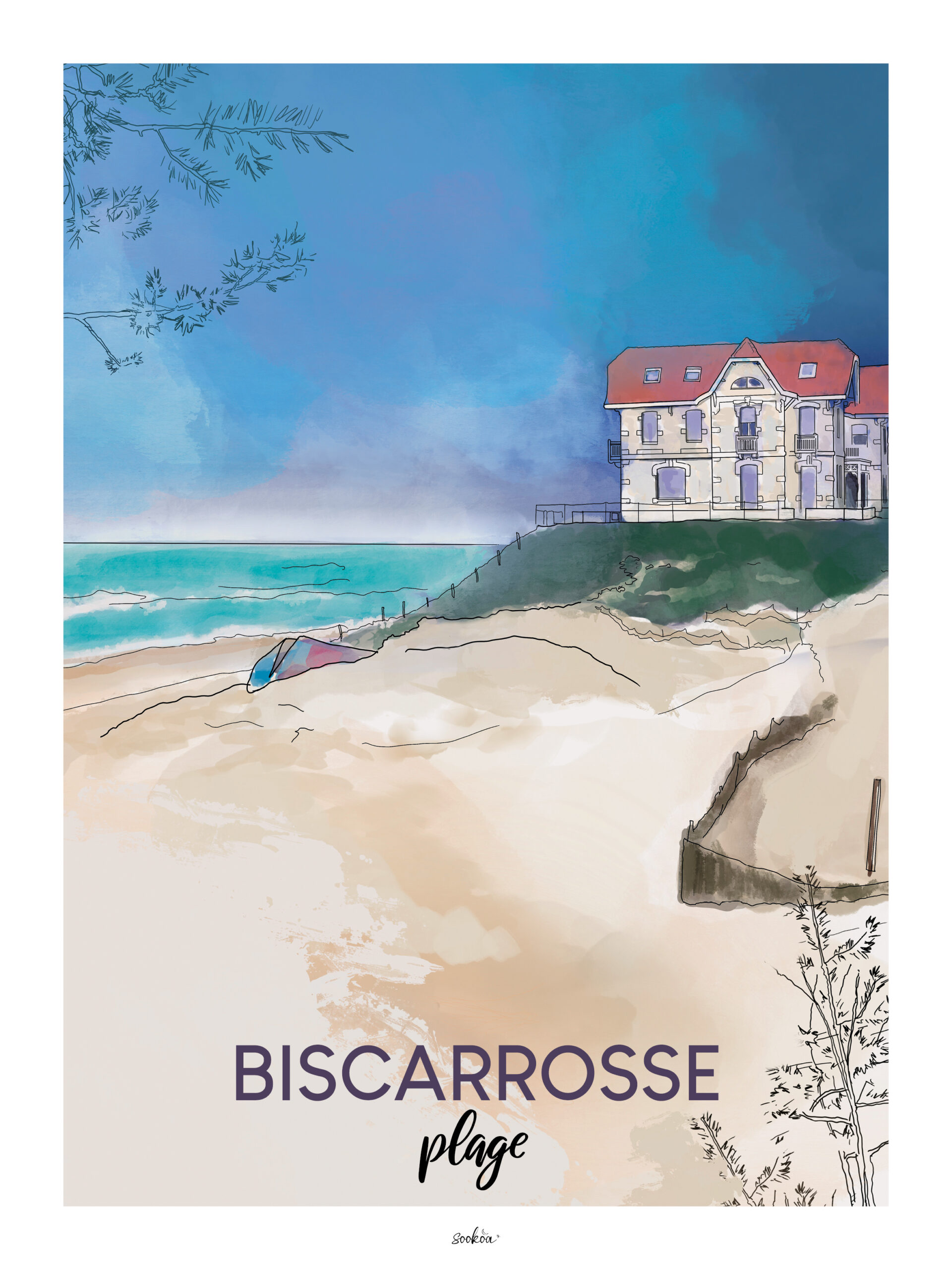La plage de Biscarrosse dans les Landes, aquarelle numérique Sookoa