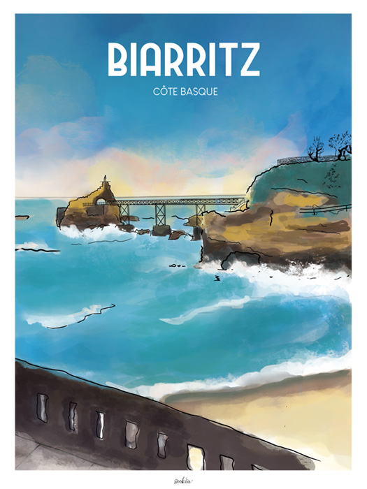 Le Rocher de la Vierge à Biarritz, aquarelle numérique Sookoa