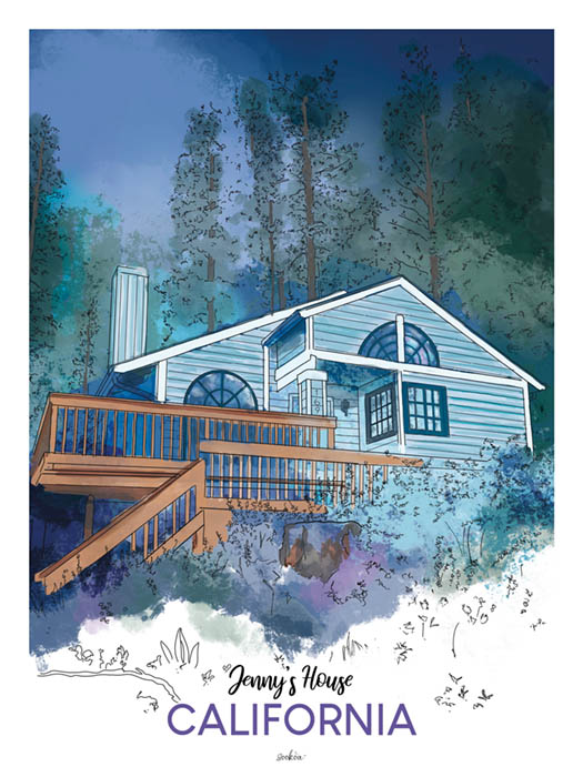 Affiche d'une maison en bois dans une forêt de pins en Californie