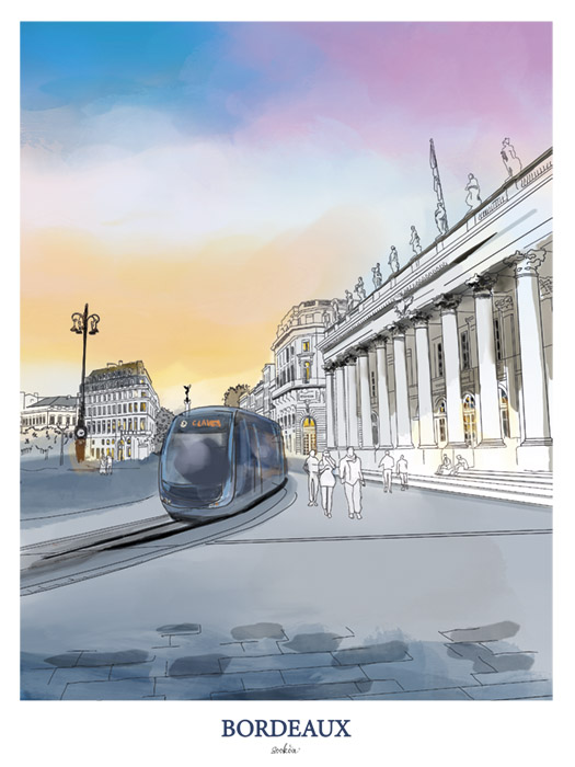 Le Grand Théâtre de Bordeaux au coucher de soleil, affiche aquarelle Sookoa