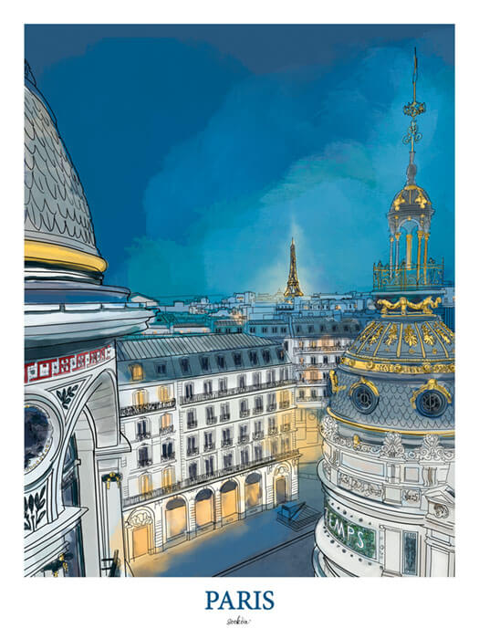 Affiche des toits de paris et la tour Eiffel la nuit