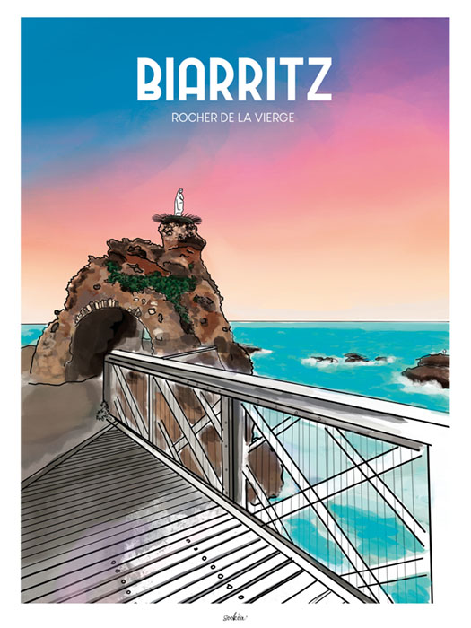 Affiche du rocher de la Vierge à Biarritz, passerelle et océan Atlantique