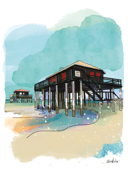 Les cabanes tchanquées de l'île aux Oiseaux sur le bassin d'Arcachon, aquarelle numérique Sookoa