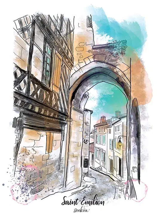 Store 9 Affiche Saint-Émilion Porte Cadène cité médiévale UNESCO Gironde illustration façon aquarelle