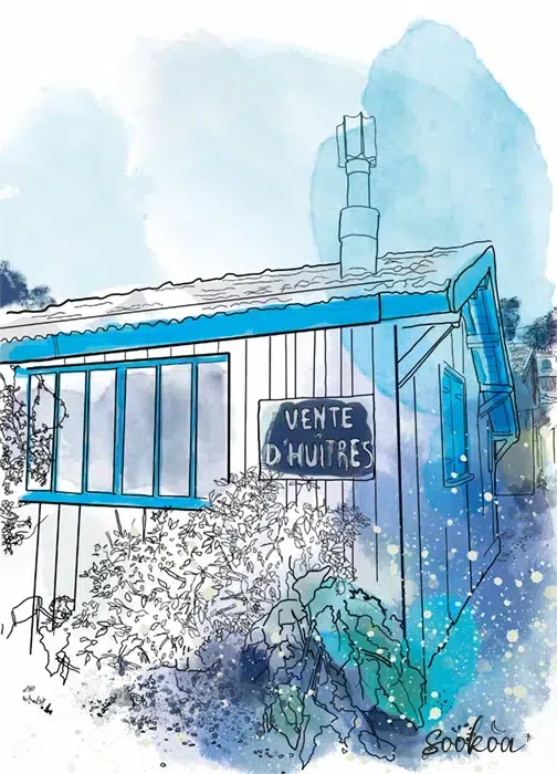 Aquarelle cabane ostréicole vente d'huîtres Cap Ferret – encre de Chine et aquarelle bleue Sookoa