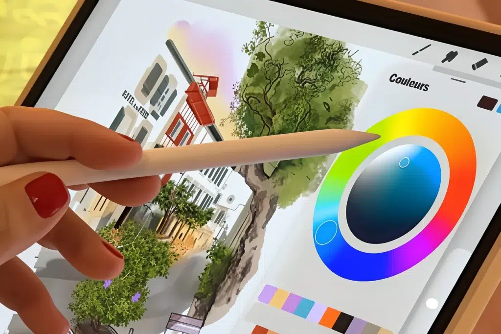 Aquarelle numérique d'une façade en cours de dessin au stylet sur iPad, dans Procreate