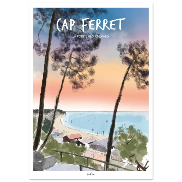 Affiche Cap Ferret 70x100 : deux pins maritimes au-dessus de la Pointe aux Chevaux et du Bassin sous un ciel rose - Sookoa