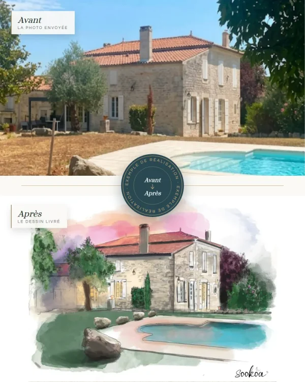 Exemple de portrait de maison sur mesure : photo d'une maison en pierre avec piscine, puis son dessin à l'aquarelle numérique