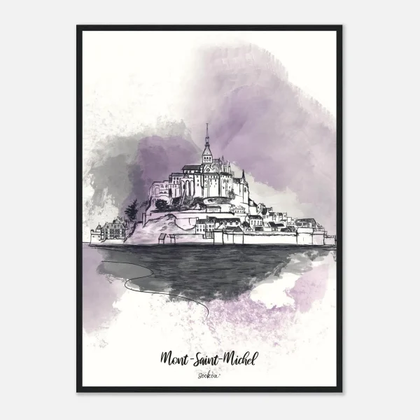 Affiche encadrée du Mont-Saint-Michel : l'abbaye à l'encre sur un lavis mauve et gris, cadre noir - Sookoa